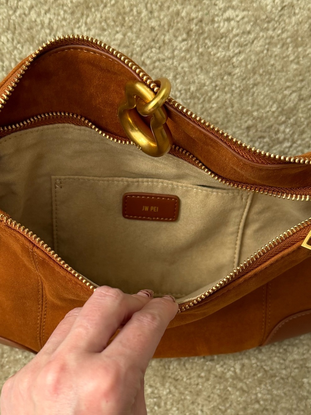 JW PEI Cognac Suede Shoulder Bag with Gold Hardware
